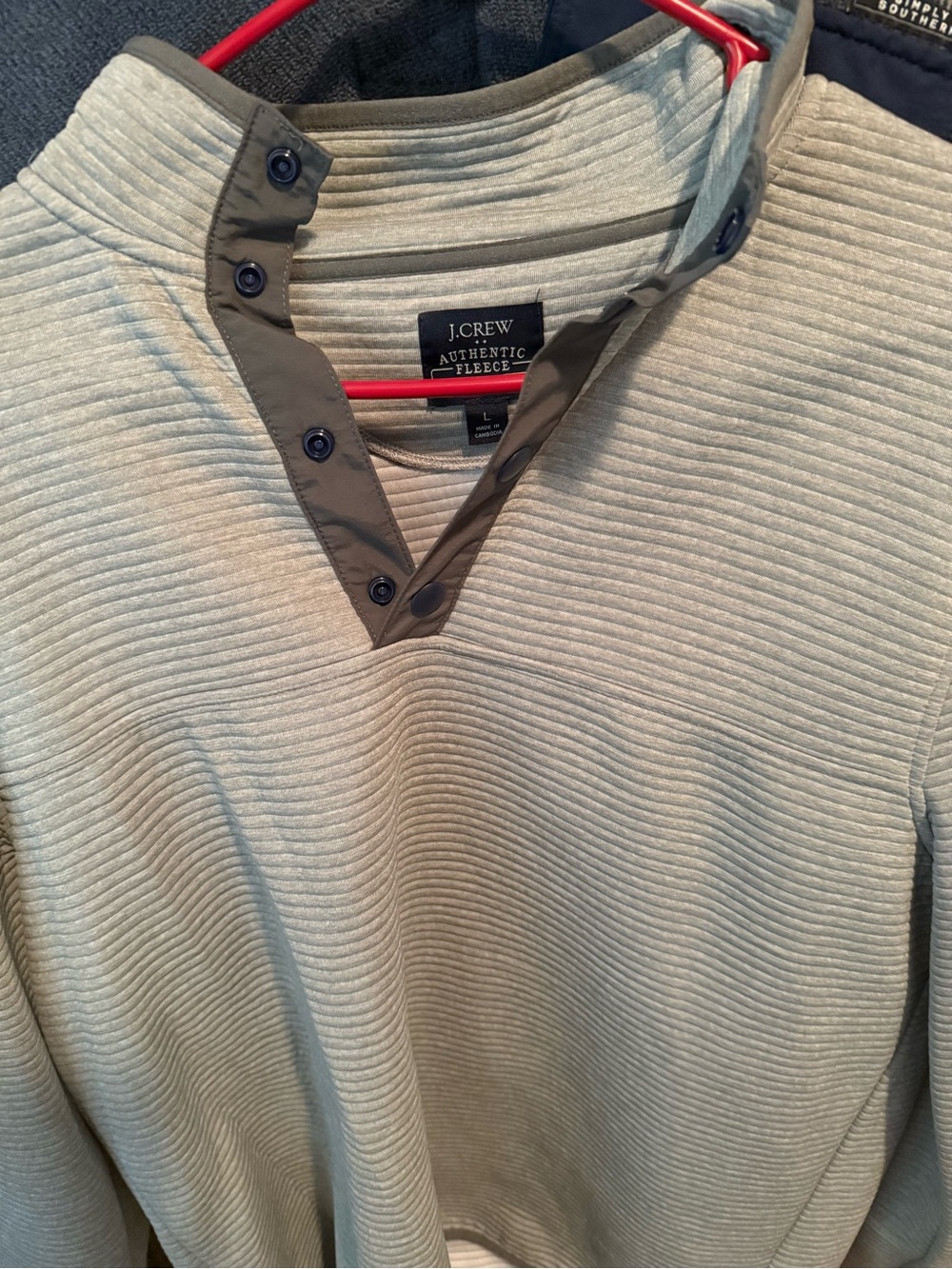 J. Crew Men’s Cream Ribbed Fleece V-Neck Henley Sweater with Contrast Placket